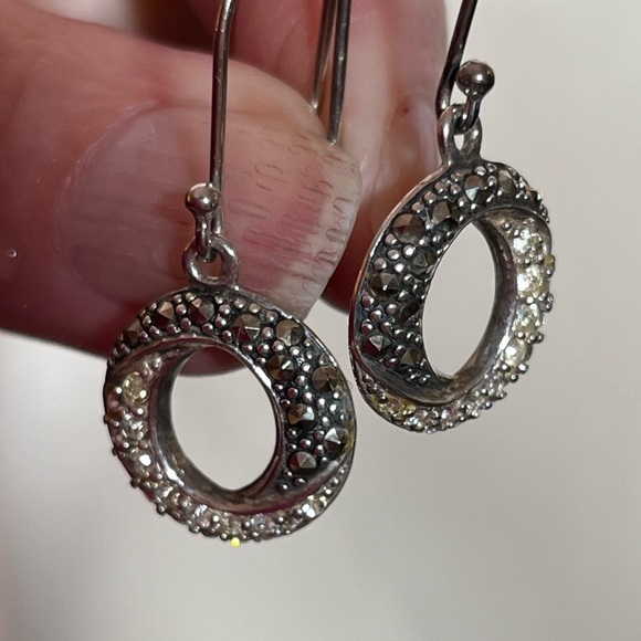 Vintage 1980's 90's sterling silver marcasite diamond art deco dangle earrings - Picture 5 of 16